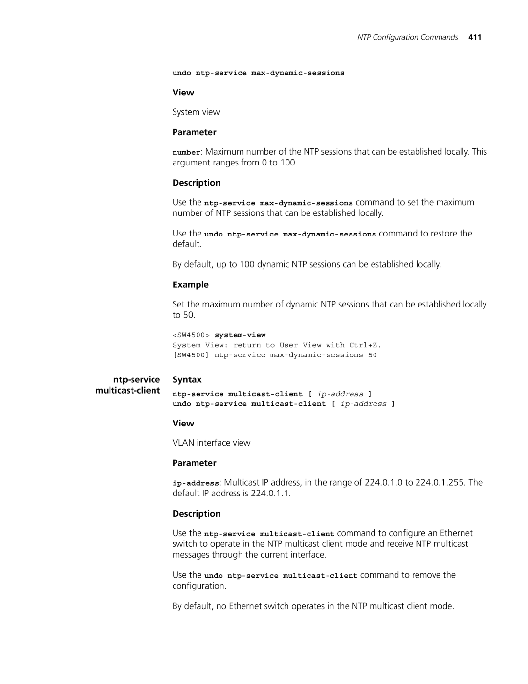 3Com 4500 PWR 26-PORT, 4500 PWR 50-PORT, 4500 50-PORT, 4500 26-PORT manual System view, Undo ntp-service max-dynamic-sessions 