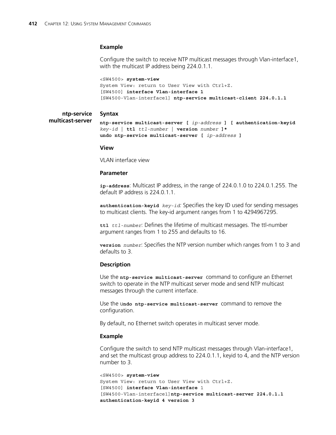 3Com 4500 50-PORT, 4500 PWR 50-PORT, 4500 PWR 26-PORT, 4500 26-PORT manual SW4500-Vlan-interface1ntp-service multicast-client 
