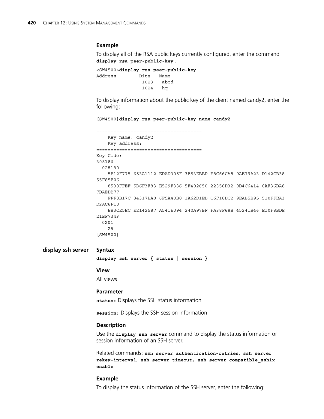 3Com 4500 50-PORT manual Display ssh server Syntax, SW4500display rsa peer-public-key, Display ssh server status session 