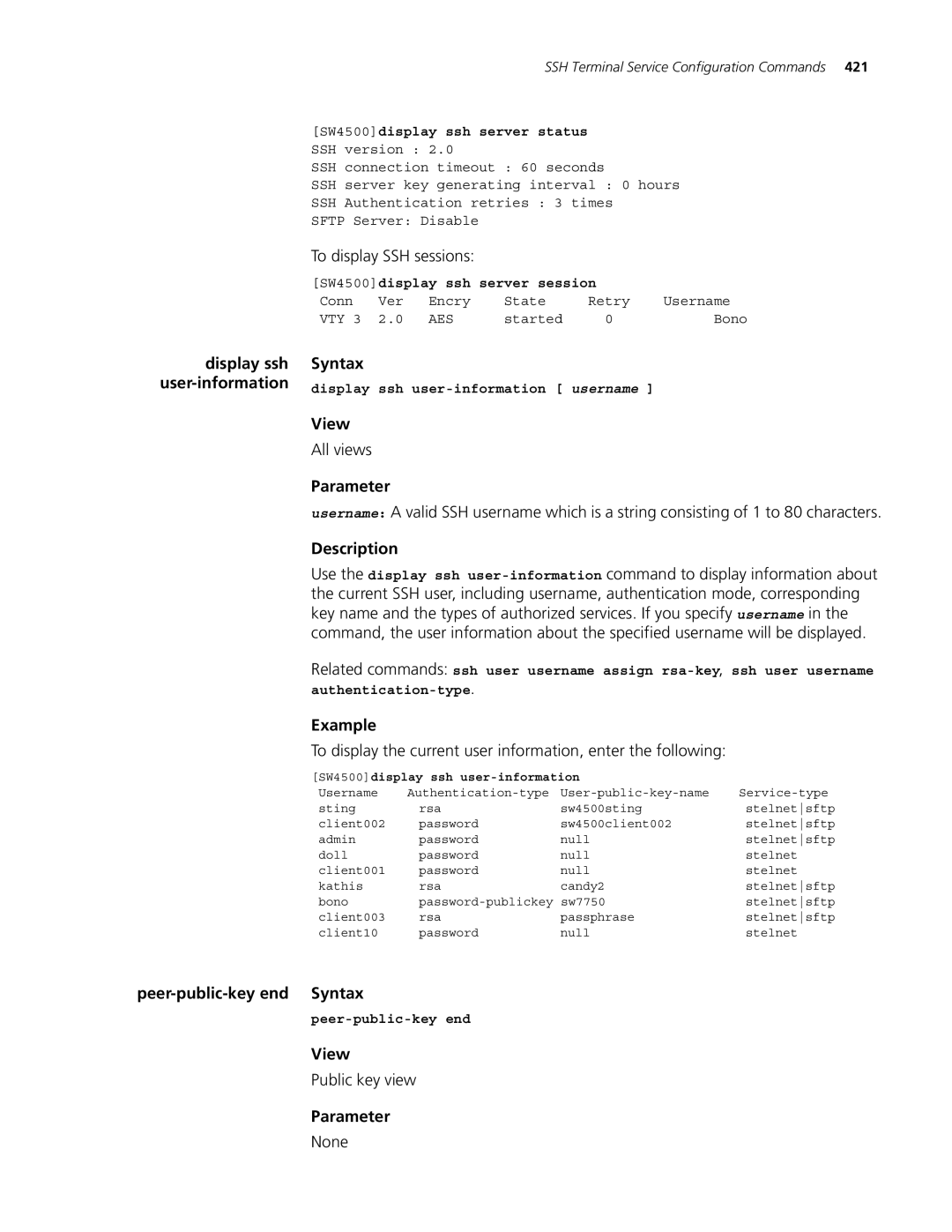 3Com 4500 26-PORT, 4500 PWR 50-PORT, 4500 PWR 26-PORT To display SSH sessions, Peer-public-key end Syntax, Public key view 