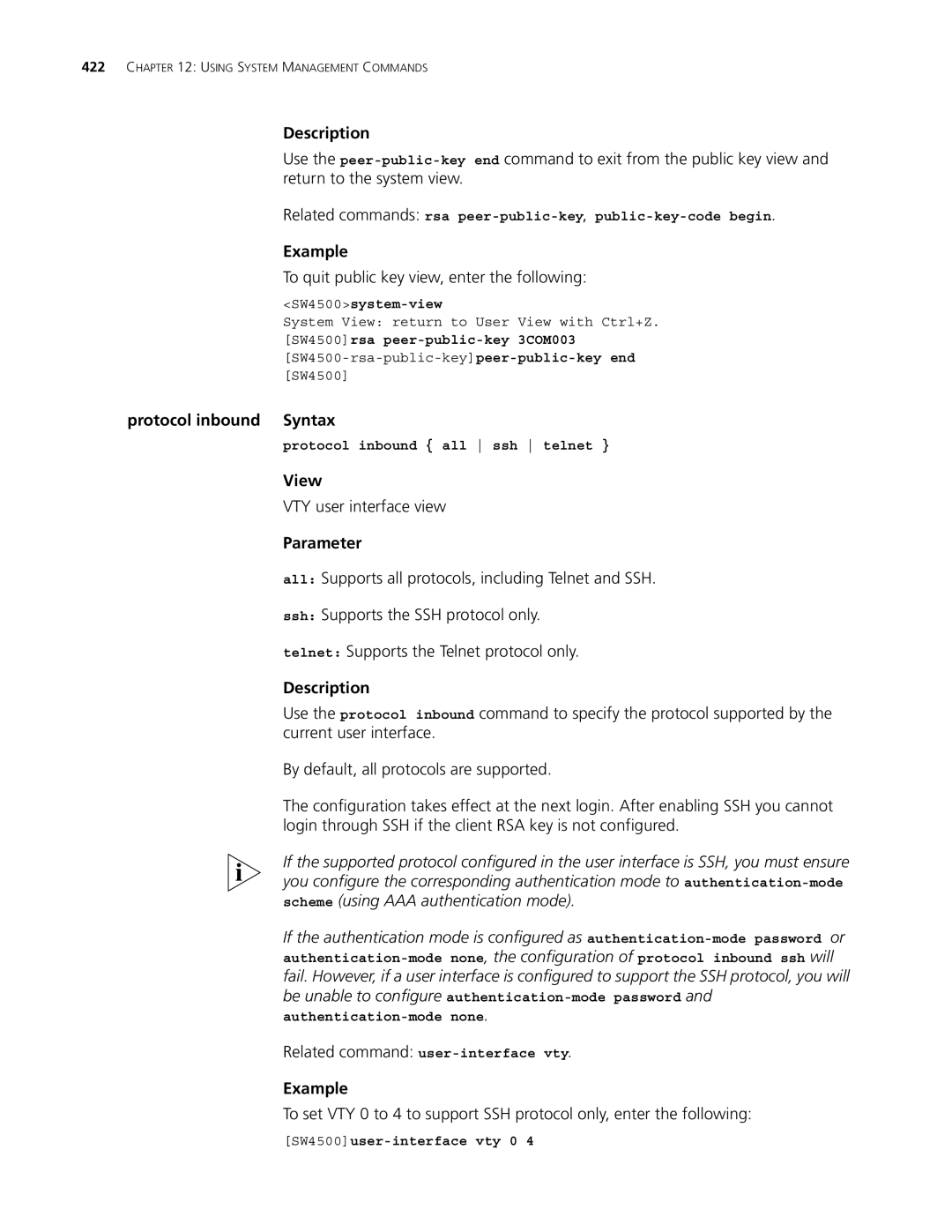 3Com 4500 PWR 50-PORT, 4500 PWR 26-PORT To quit public key view, enter the following, Related command user-interface vty 