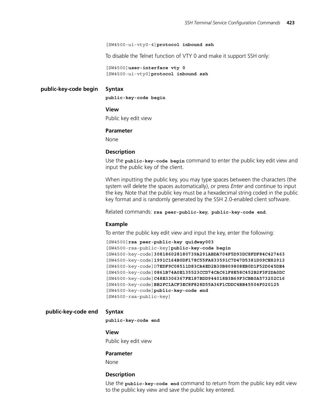 3Com 4500 PWR 26-PORT, 4500 PWR 50-PORT Public-key-code begin Syntax, Public key edit view, Public-key-code end Syntax 