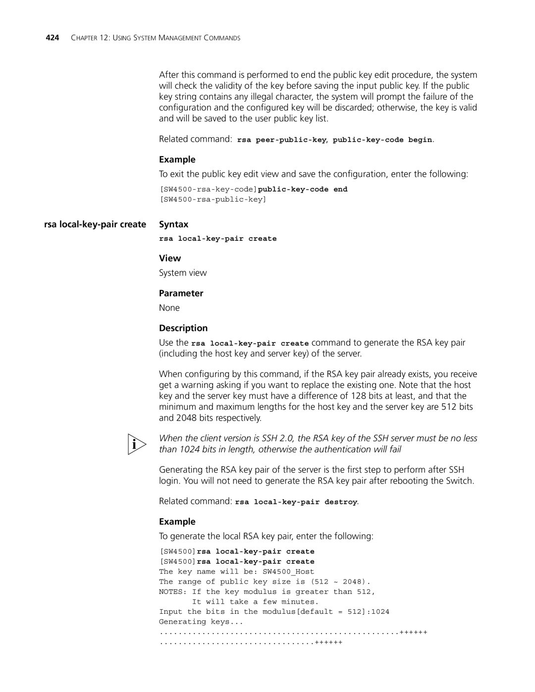 3Com 4500 50-PORT, 4500 26-PORT Rsa local-key-pair create Syntax, To generate the local RSA key pair, enter the following 