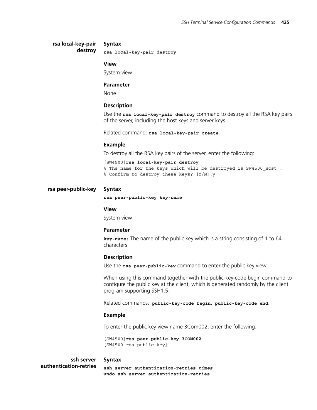 3Com 4500 26-PORT, 4500 PWR 50-PORT Rsa peer-public-key Syntax, Characters, Program supporting SSH1.5, Ssh server Syntax 