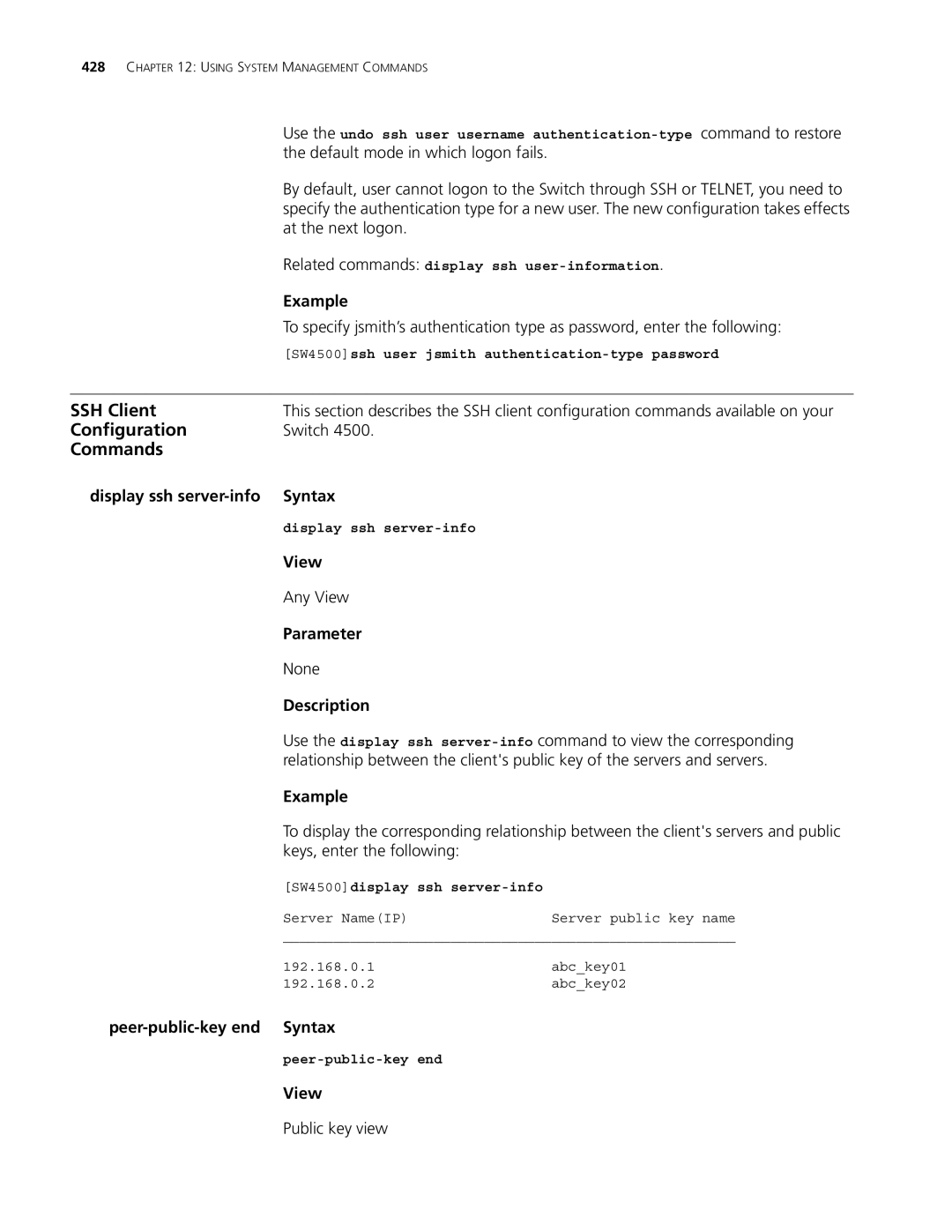 3Com 4500 50-PORT, 4500 PWR 50-PORT manual At the next logon, Display ssh server-info Syntax, Keys, enter the following 