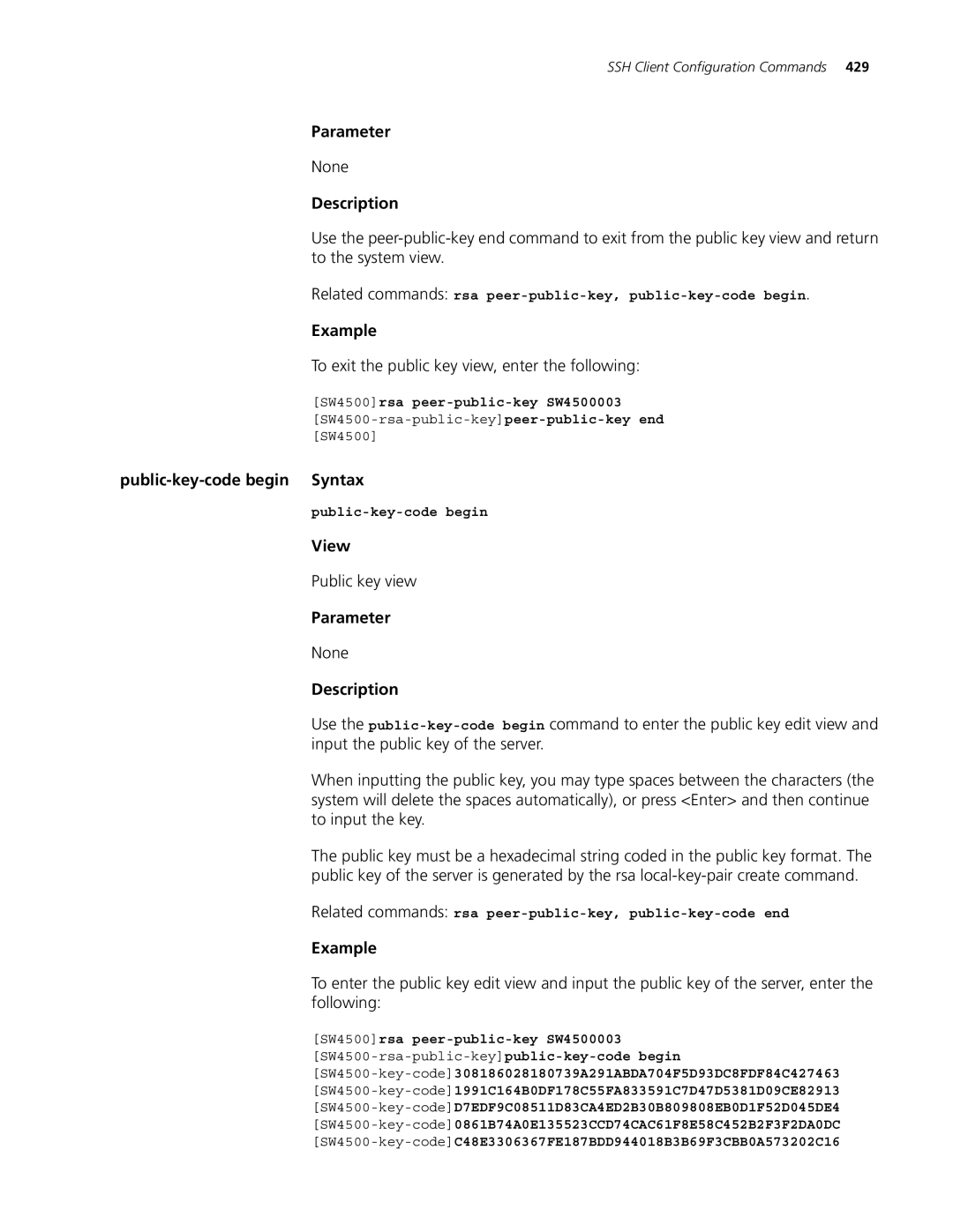 3Com 4500 26-PORT, 4500 PWR 50-PORT To exit the public key view, enter the following, SW4500rsa peer-public-key SW4500003 