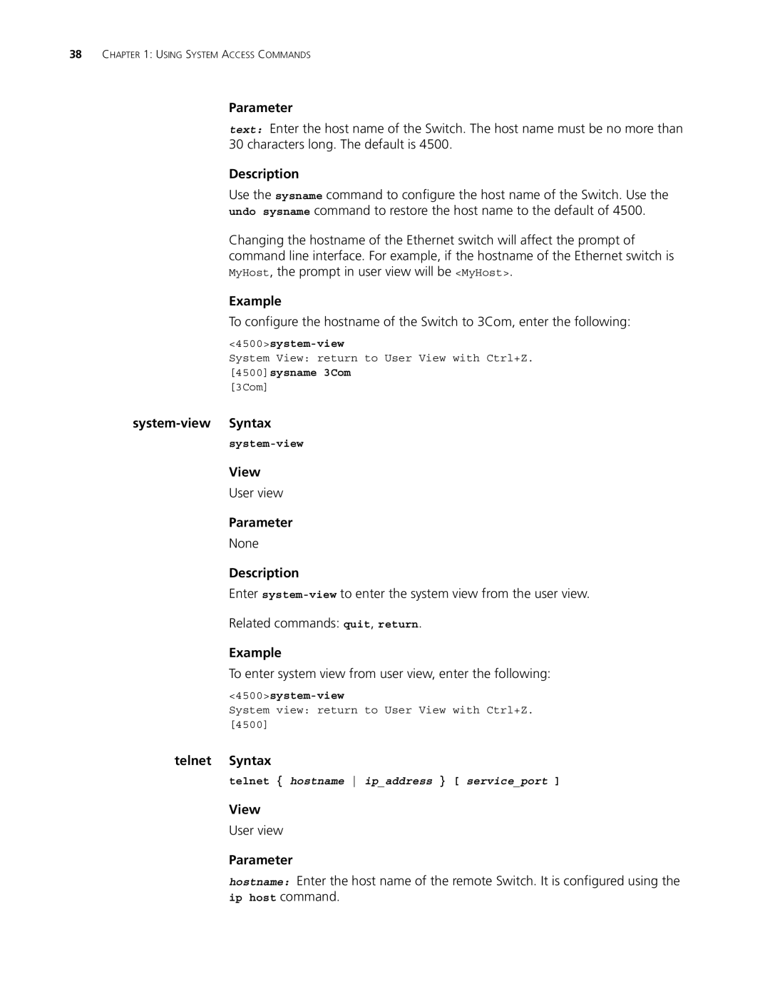 3Com 4500 PWR 50-PORT manual System-view Syntax, To enter system view from user view, enter the following, Telnet Syntax 