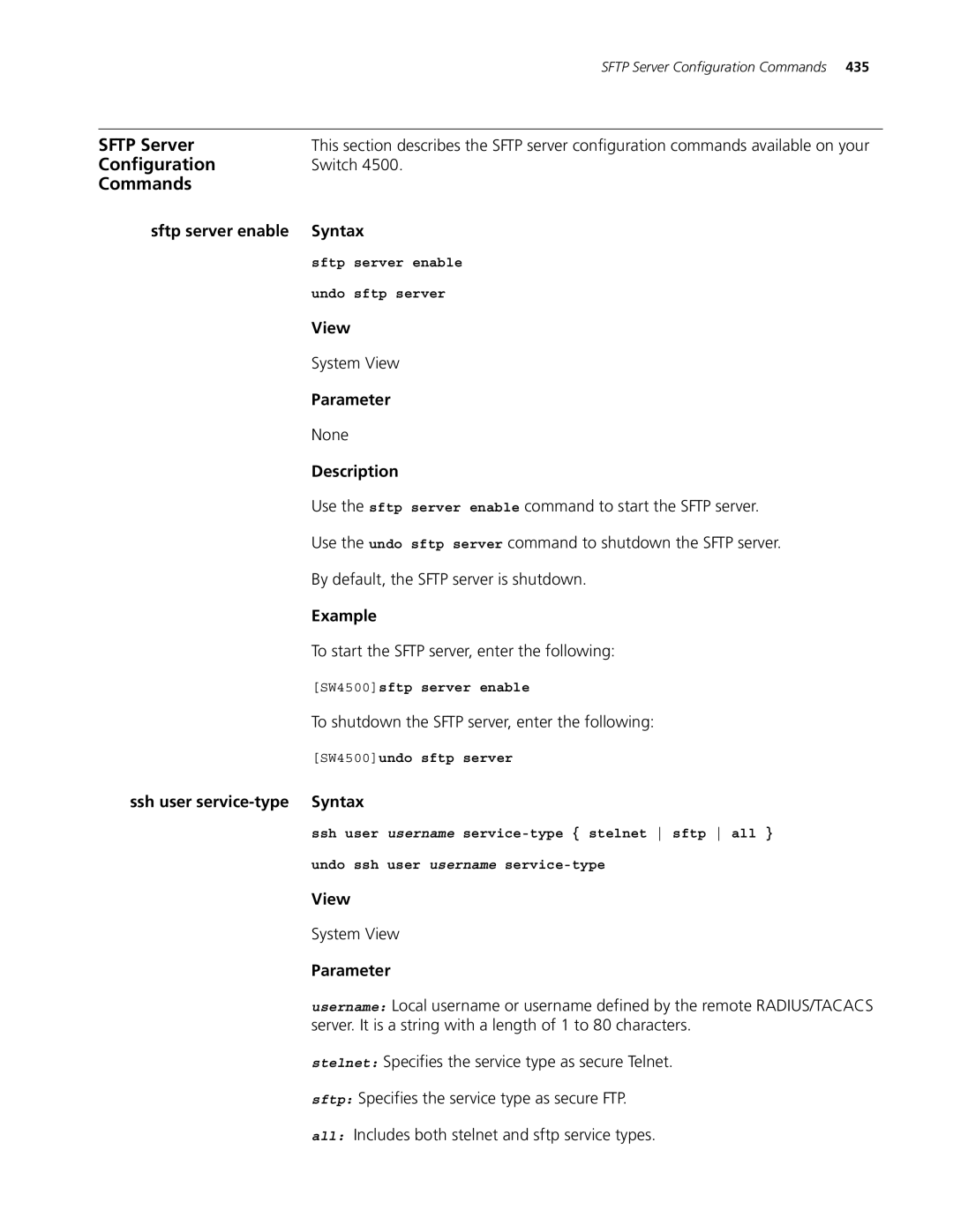 3Com 4500 PWR 26-PORT, 4500 50-PORT Sftp server enable Syntax, Use the sftp server enable command to start the Sftp server 