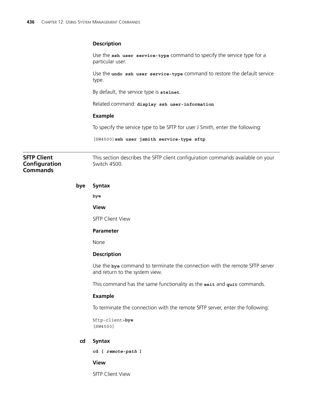 3Com 4500 50-PORT, 4500 PWR 50-PORT manual Particular user, Type, By default, the service type is stelnet, Sftp Client View 