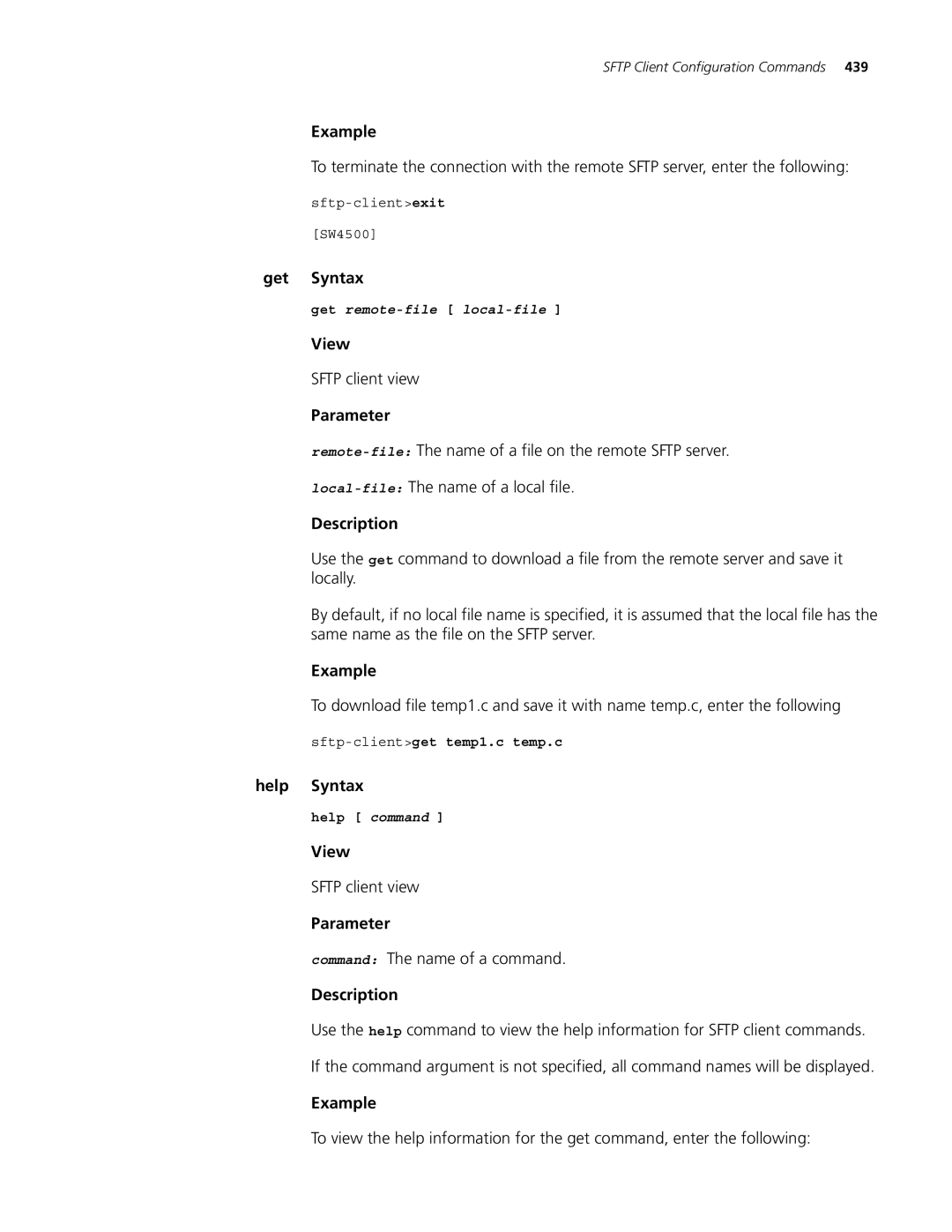 3Com 4500 PWR 26-PORT manual Help Syntax, Command The name of a command, Sftp-clientget temp1.c temp.c, Help command 