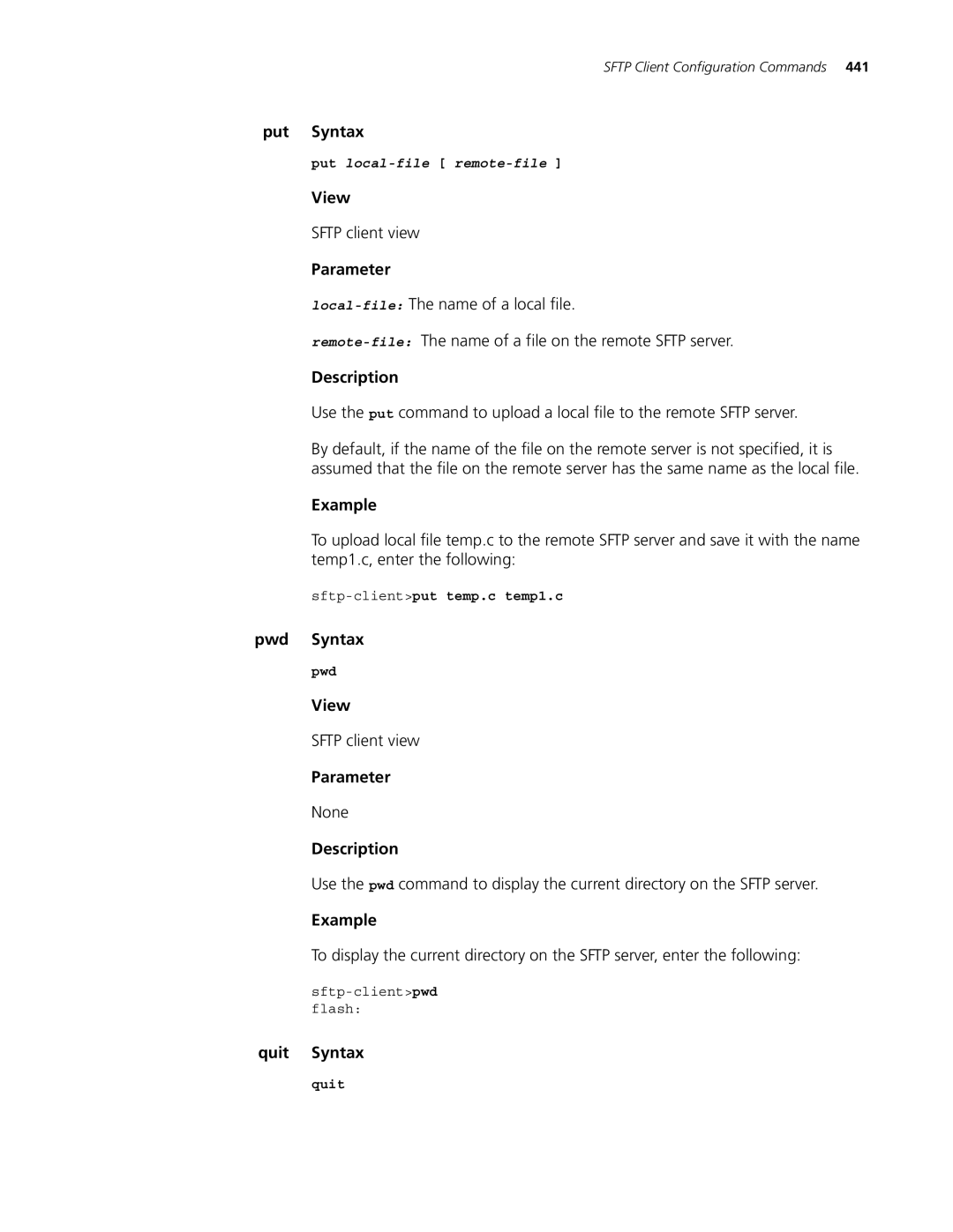 3Com 4500 26-PORT, 4500 PWR 50-PORT, 4500 PWR 26-PORT, 4500 50-PORT manual Put Syntax, Sftp-clientput temp.c temp1.c 