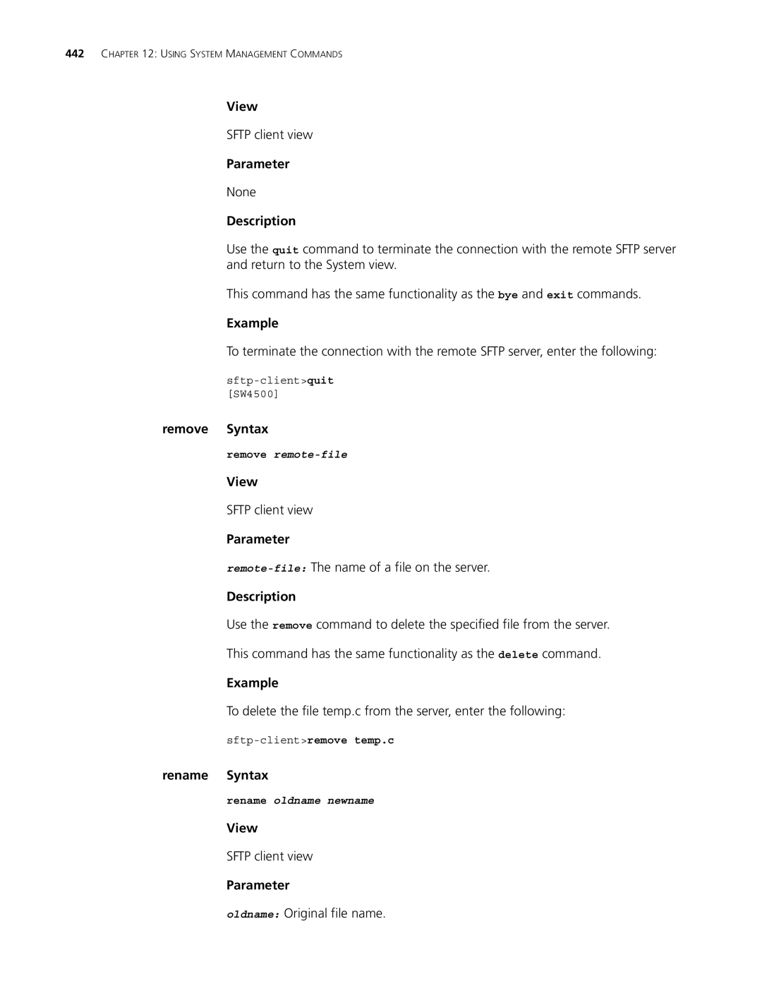 3Com 4500 PWR 50-PORT, 4500 PWR 26-PORT, 4500 50-PORT Remove Syntax, Oldname Original file name, Sftp-clientremove temp.c 