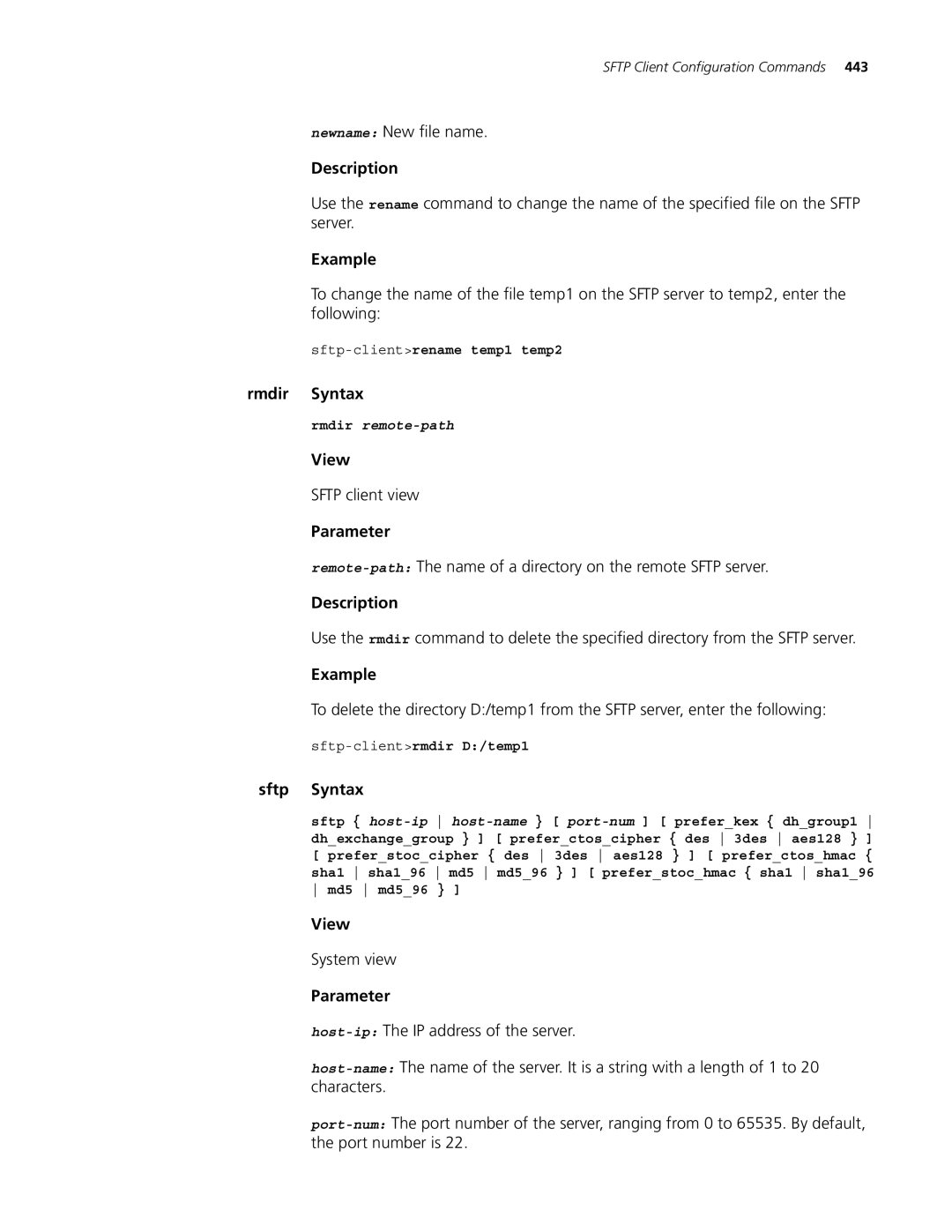 3Com 4500 PWR 26-PORT manual Newname New file name, Sftp Syntax, Sftp-clientrename temp1 temp2, Sftp-clientrmdir D/temp1 