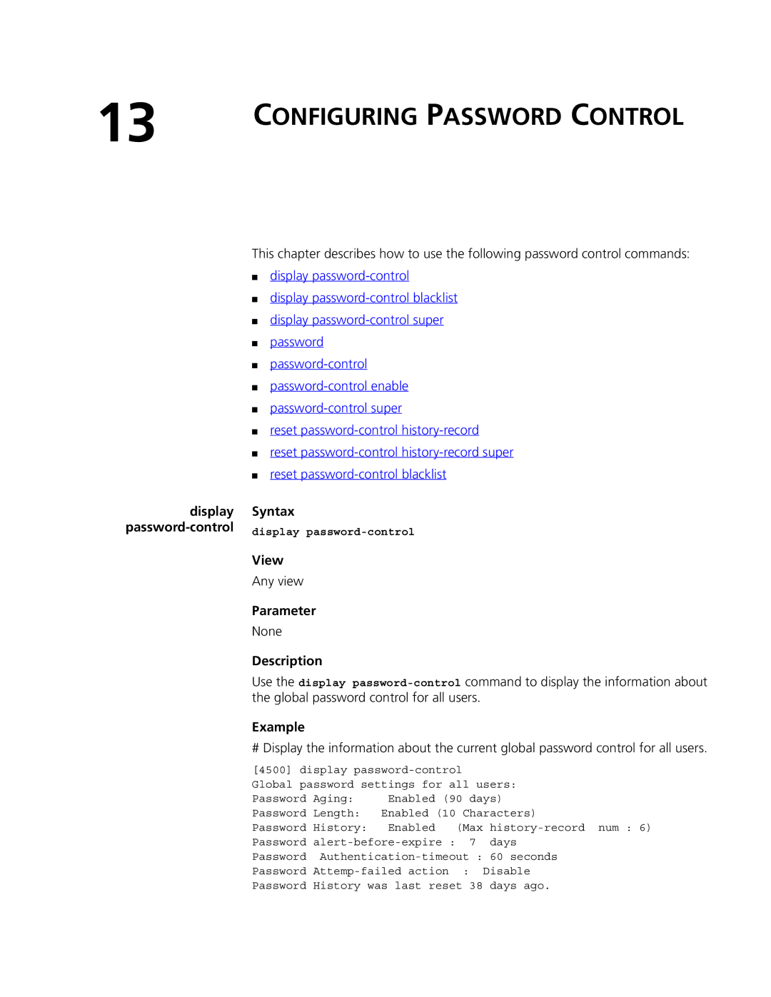 3Com 4500 26-PORT, 4500 PWR 50-PORT, 4500 PWR 26-PORT, 4500 50-PORT Configuring Password Control, Display password-control 