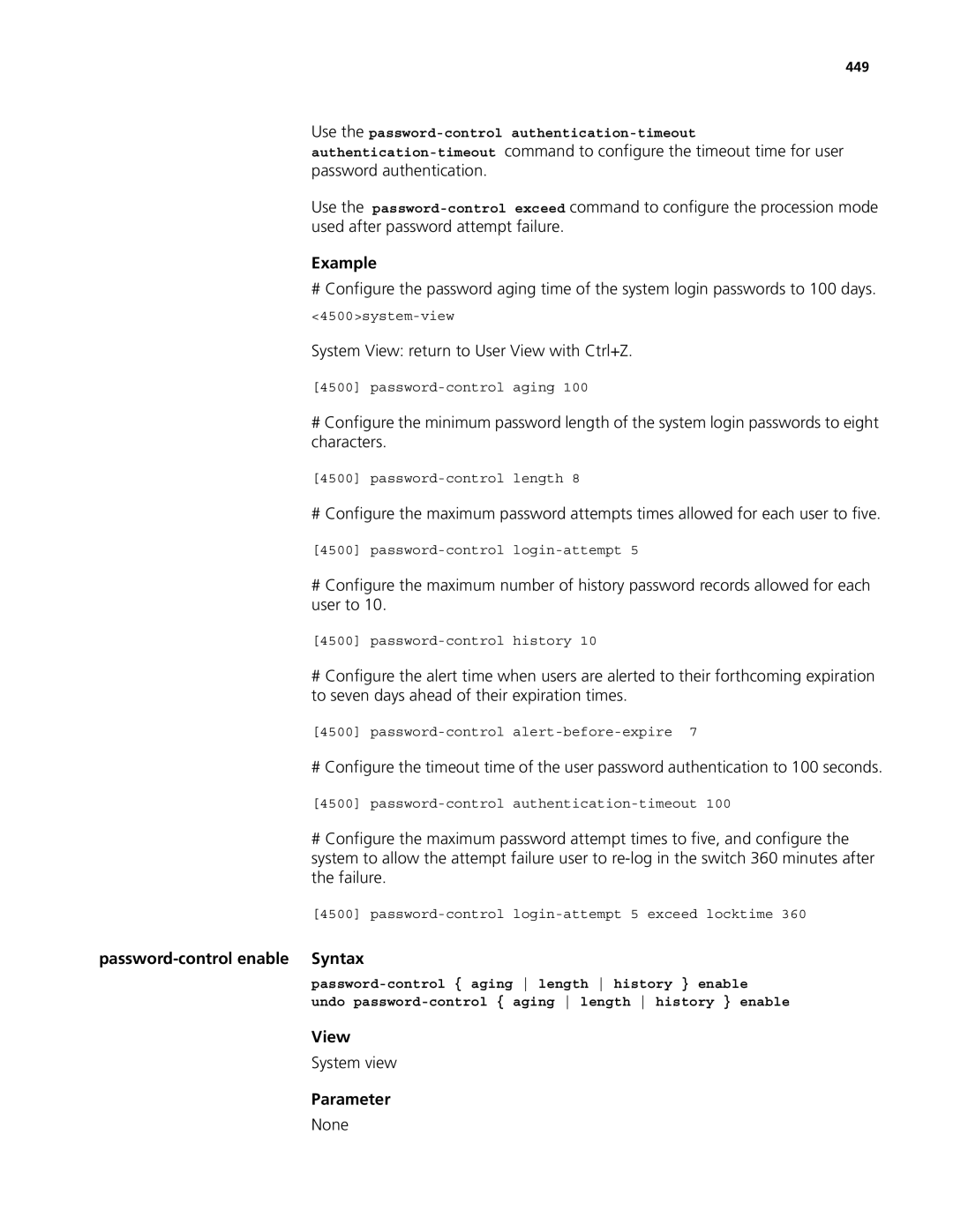 3Com 4500 26-PORT, 4500 PWR 50-PORT manual System View return to User View with Ctrl+Z, Password-control enable Syntax 