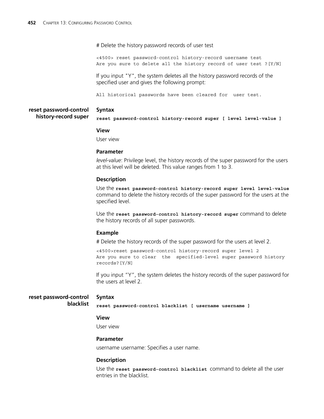 3Com 4500 50-PORT # Delete the history password records of user test, Blacklist, Username username Specifies a user name 