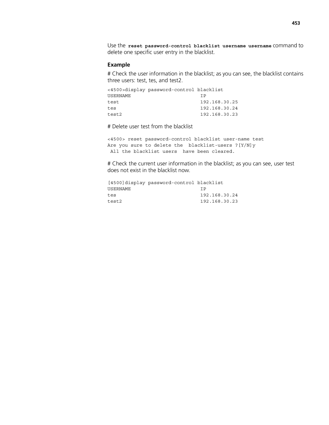 3Com 4500 26-PORT, 4500 PWR 50-PORT, 4500 PWR 26-PORT, 4500 50-PORT manual # Delete user test from the blacklist 