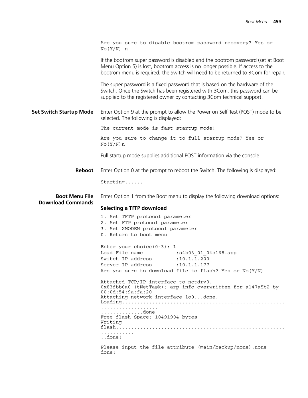 3Com 4500 PWR 26-PORT, 4500 PWR 50-PORT, 4500 50-PORT, 4500 26-PORT manual Download Commands Selecting a Tftp download 