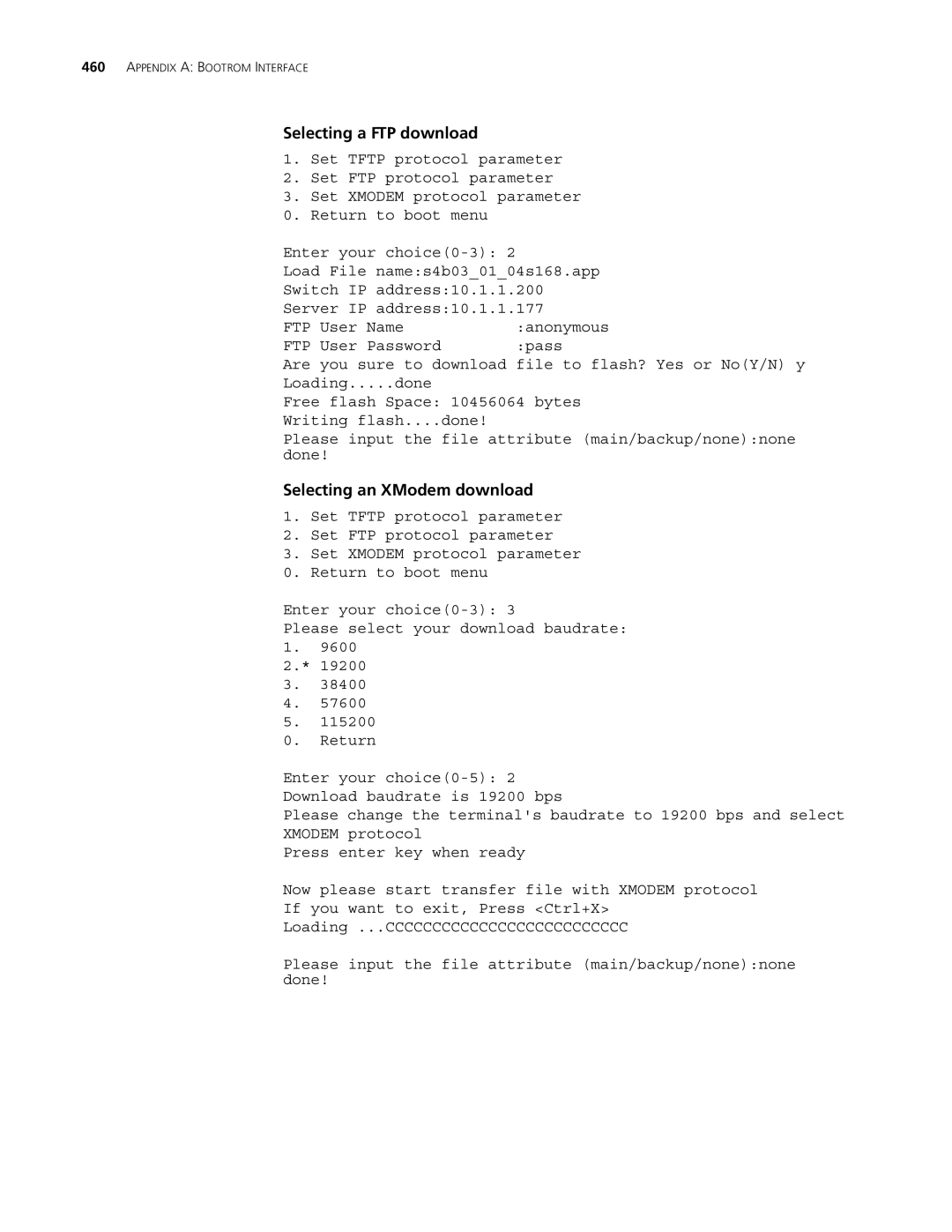 3Com 4500 50-PORT, 4500 PWR 50-PORT, 4500 PWR 26-PORT, 4500 26-PORT Selecting a FTP download, Selecting an XModem download 