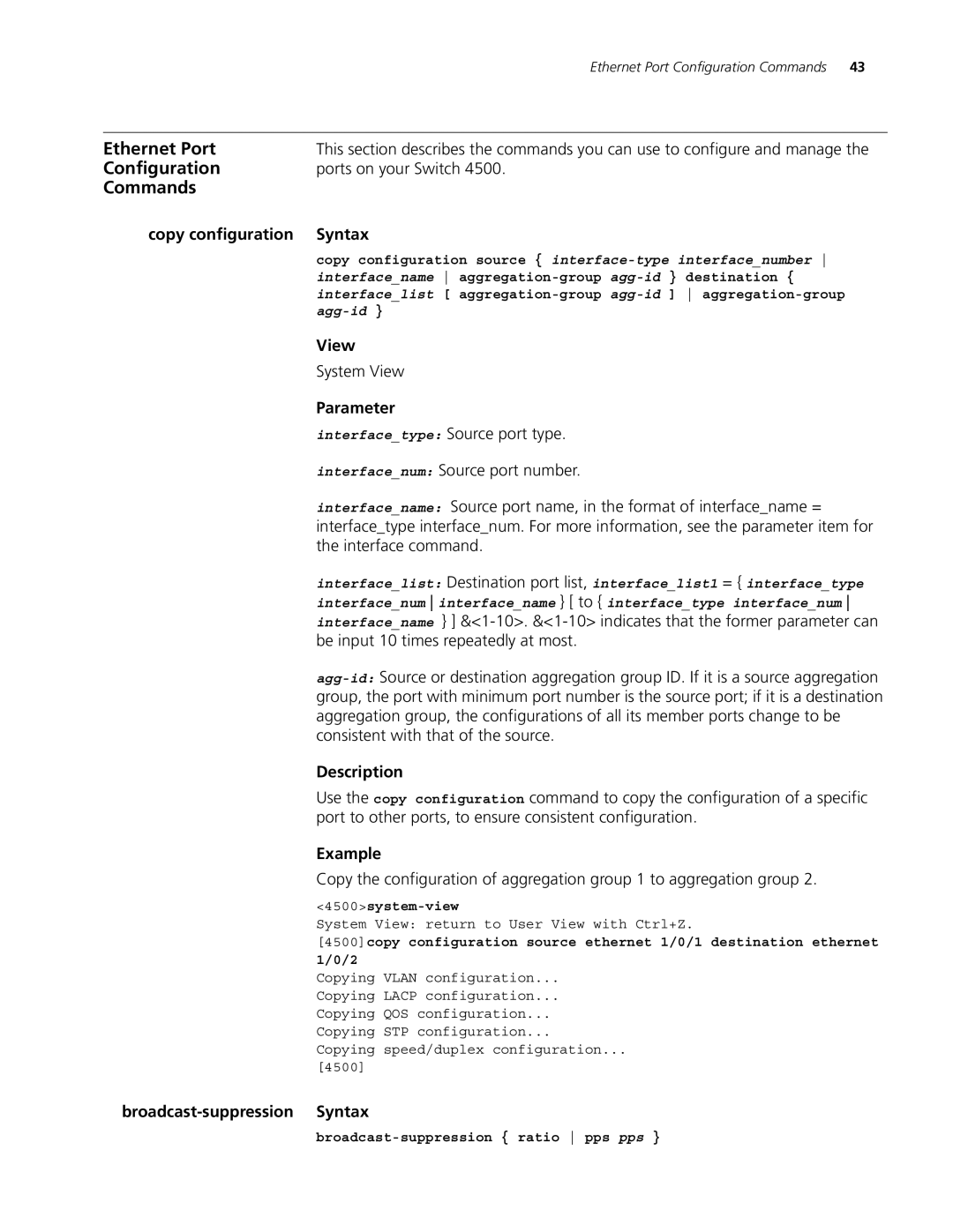 3Com 4500 PWR 26-PORT manual Ports on your Switch, Copy configuration Syntax, System View, Interfacetype Source port type 