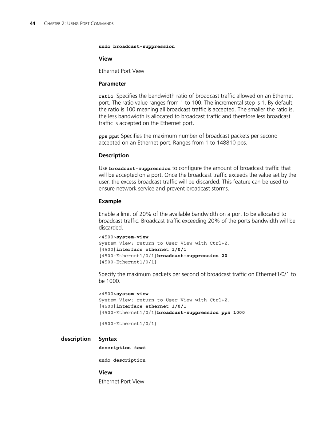 3Com 4500 50-PORT Ethernet Port View, Description Syntax, Undo broadcast-suppression, Description text Undo description 