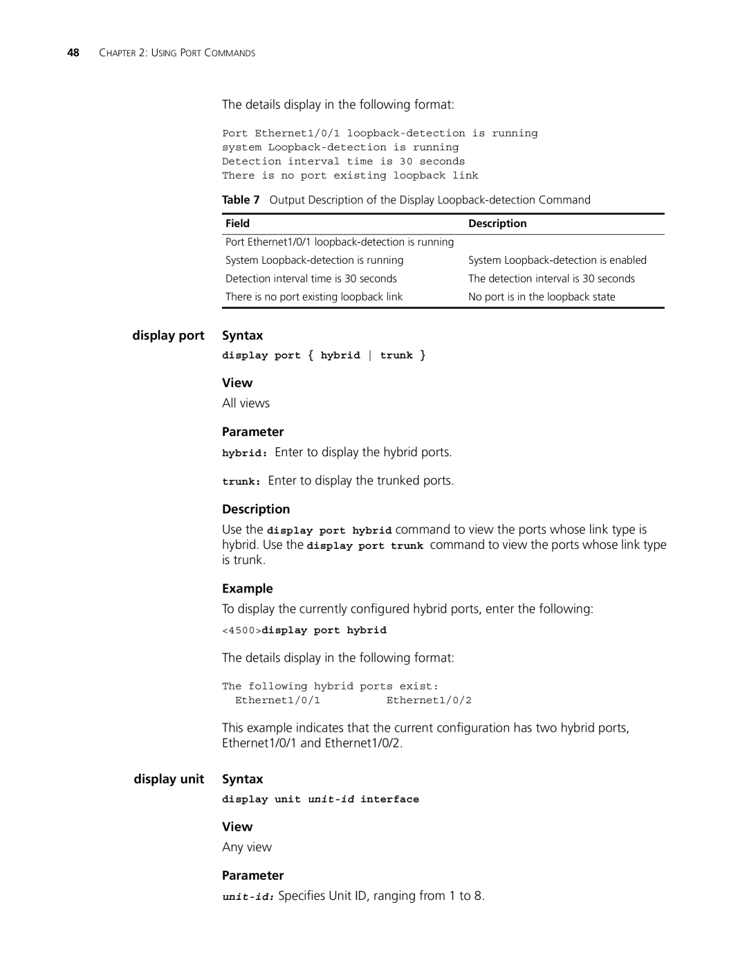 3Com 4500 50-PORT manual Details display in the following format, Display port Syntax, Display unit Syntax, Any view 