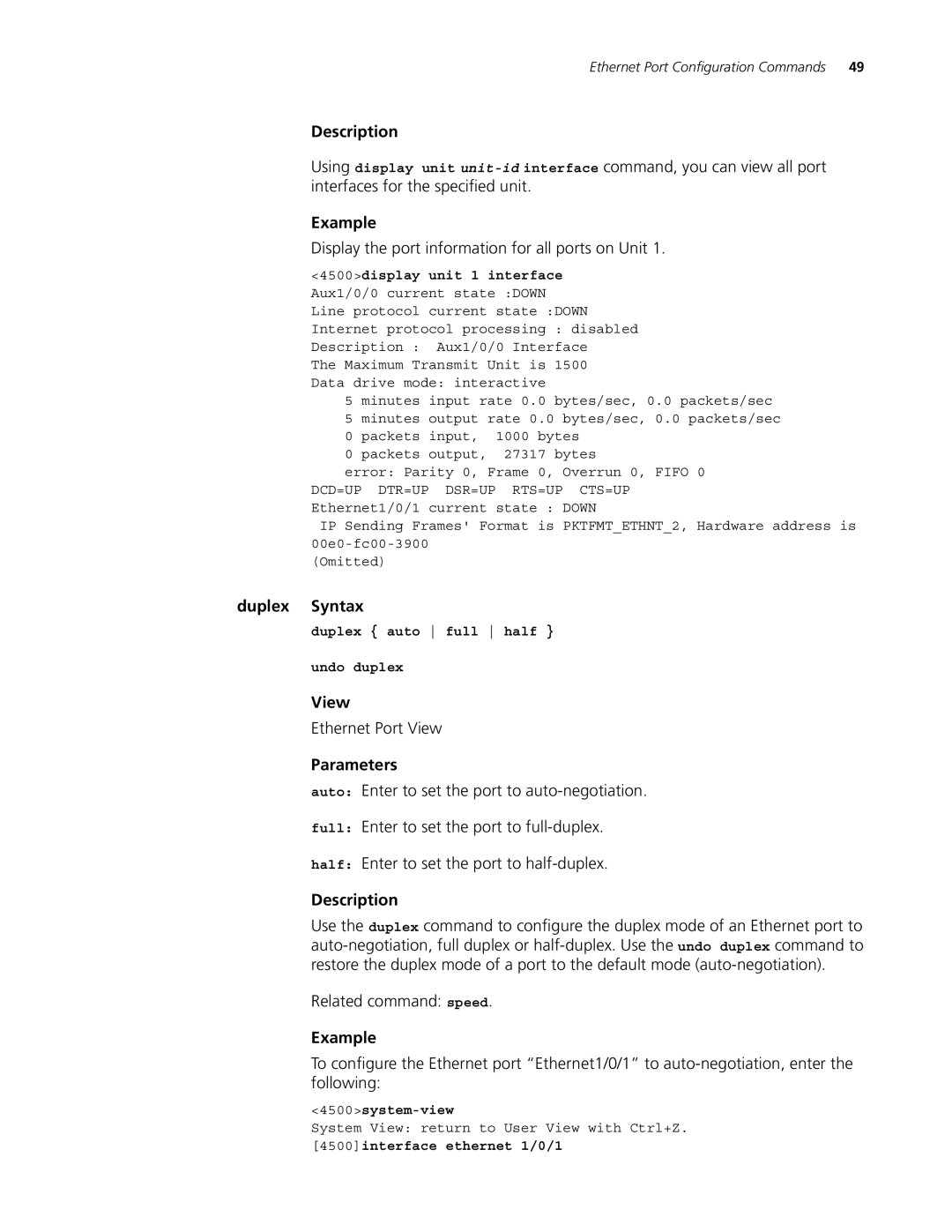 3Com 4500 26-PORT Display the port information for all ports on Unit, Duplex Syntax, Parameters, Related command speed 