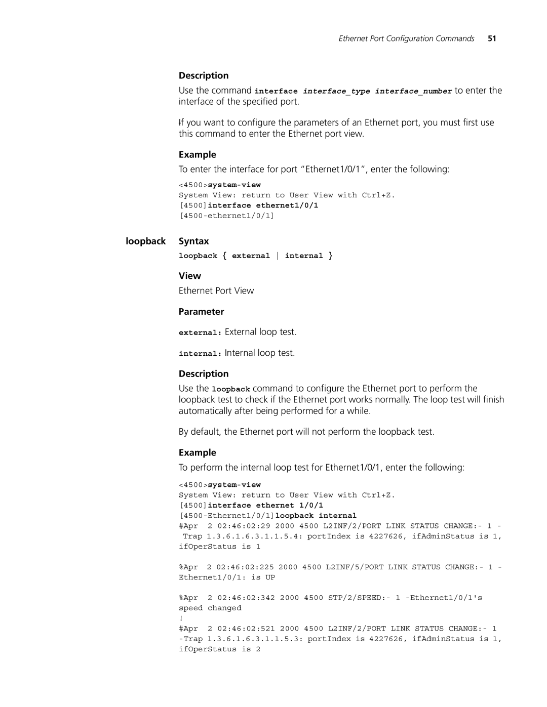 3Com 4500 PWR 26-PORT Loopback Syntax, External External loop test Internal Internal loop test, Loopback external internal 