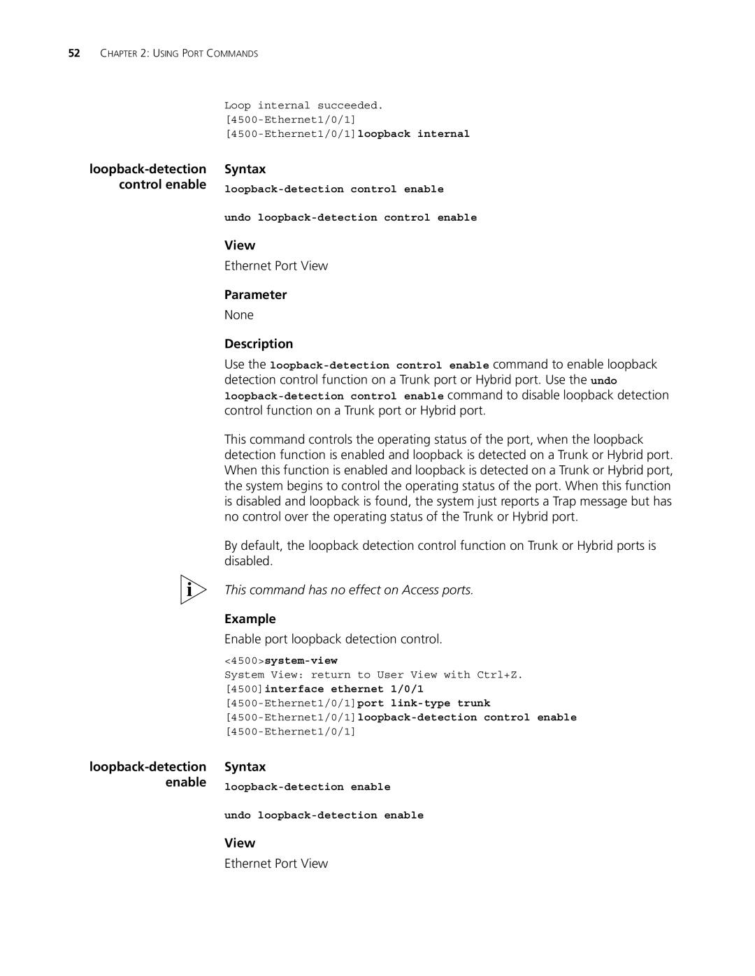 3Com 4500 50-PORT, 4500 PWR 50-PORT, 4500 PWR 26-PORT Enable port loopback detection control, Loopback-detection Syntax 