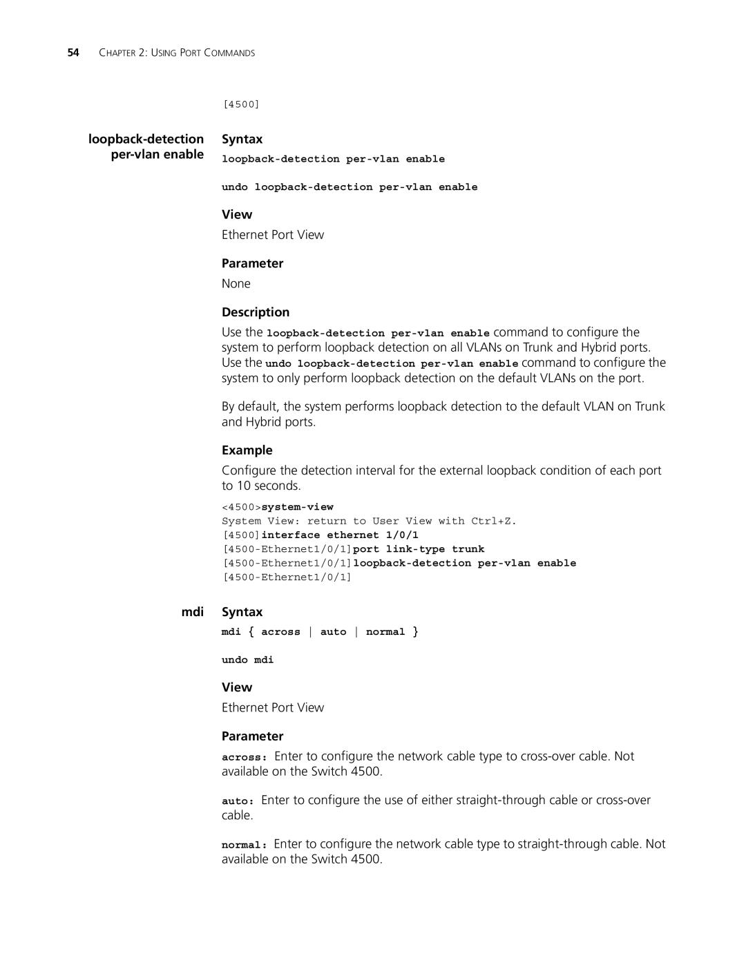 3Com 4500 PWR 50-PORT manual Mdi Syntax, Ethernet1/0/1loopback-detection per-vlan enable, Mdi across auto normal Undo mdi 