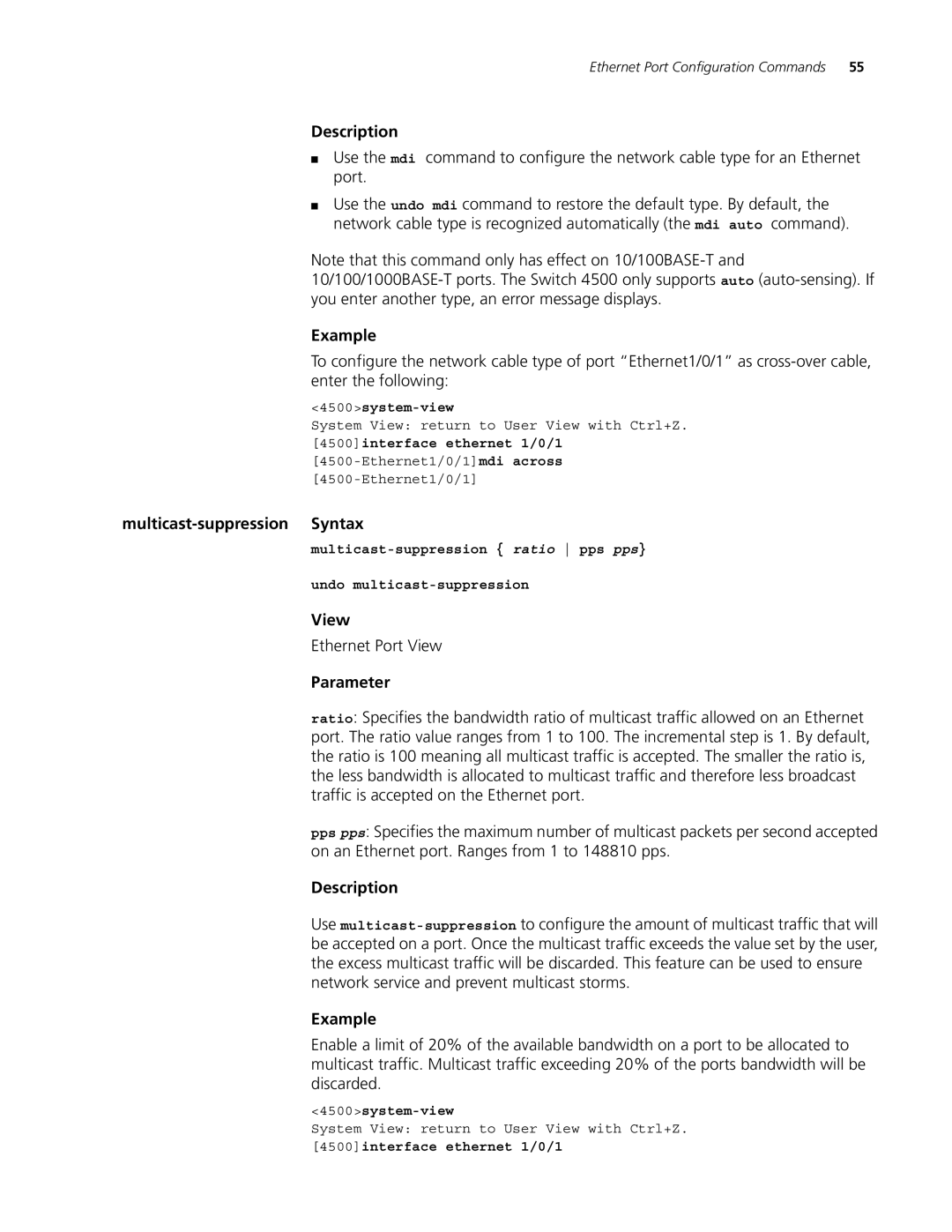 3Com 4500 PWR 26-PORT, 4500 PWR 50-PORT, 4500 50-PORT, 4500 26-PORT manual Multicast-suppression Syntax 