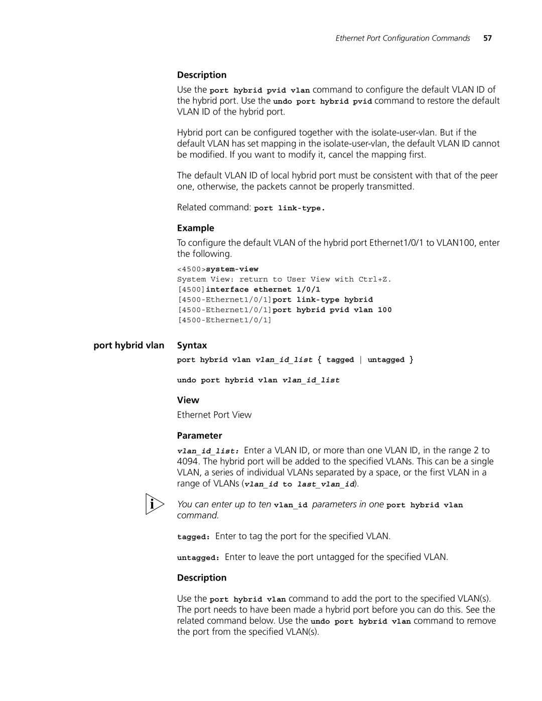 3Com 4500 26-PORT, 4500 PWR 50-PORT, 4500 PWR 26-PORT, 4500 50-PORT manual Port hybrid vlan Syntax 