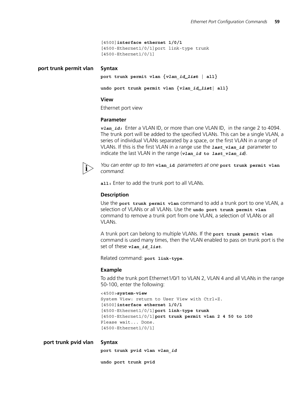 3Com 4500 PWR 26-PORT, 4500 PWR 50-PORT manual Port trunk permit vlan Syntax, All Enter to add the trunk port to all VLANs 