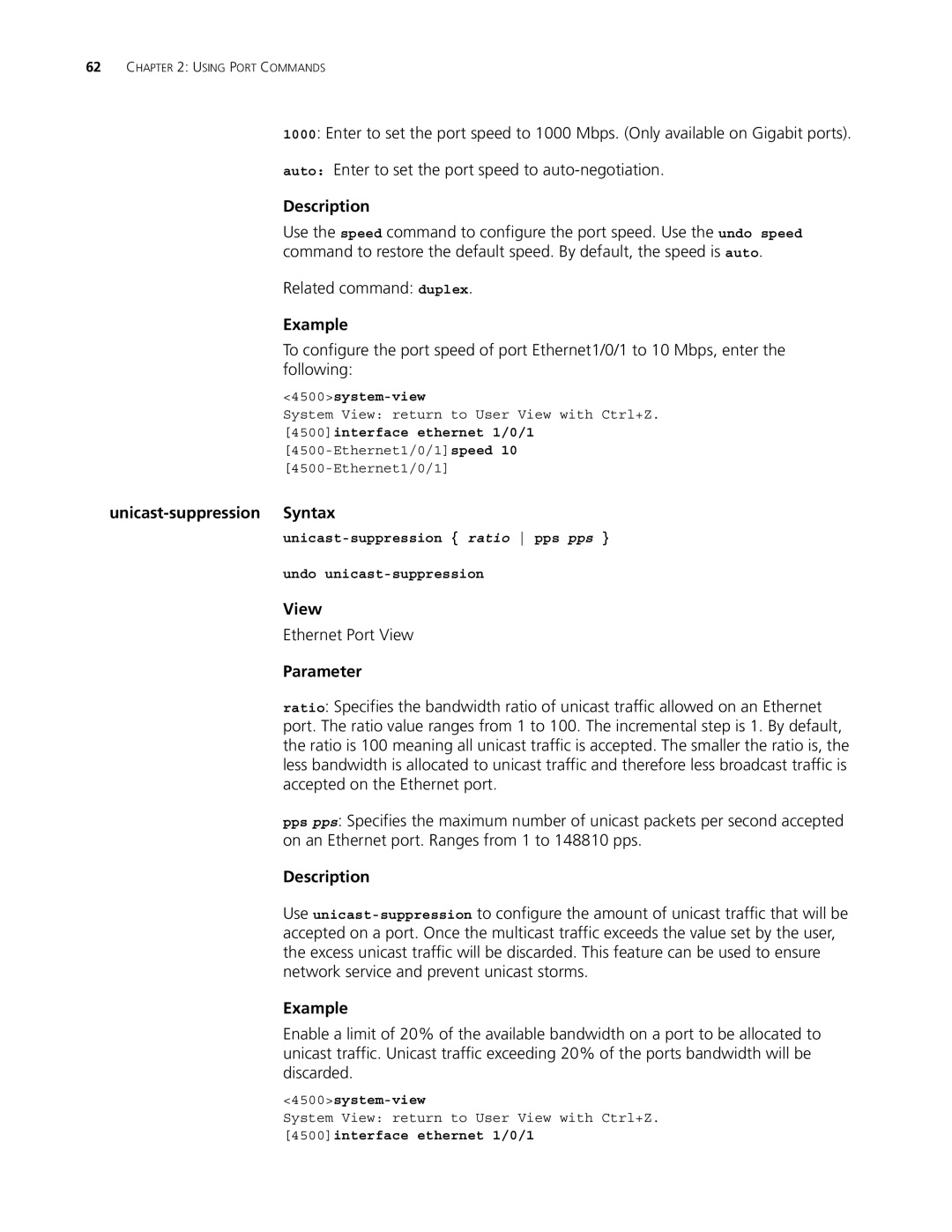 3Com 4500 PWR 50-PORT, 4500 PWR 26-PORT, 4500 50-PORT, 4500 26-PORT manual Related command duplex, Unicast-suppression Syntax 