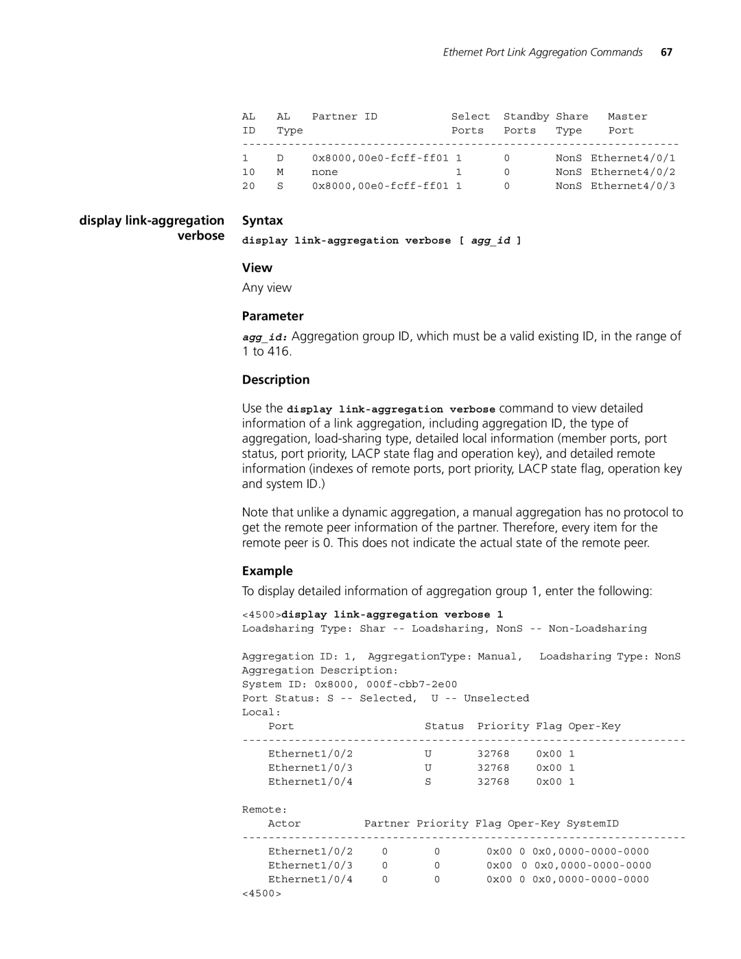 3Com 4500 PWR 26-PORT, 4500 PWR 50-PORT manual Display link-aggregation verbose aggid, 4500display link-aggregation verbose 