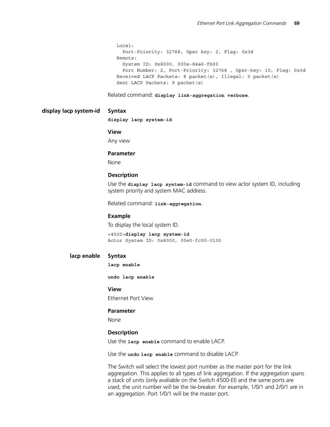 3Com 4500 26-PORT, 4500 PWR 50-PORT manual Display lacp system-id Syntax, To display the local system ID, Lacp enable Syntax 