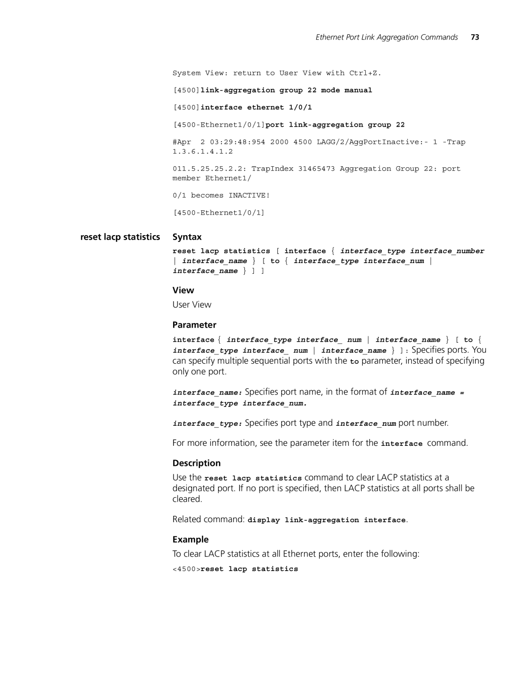 3Com 4500 26-PORT, 4500 PWR 50-PORT manual Reset lacp statistics Syntax, Related command display link-aggregation interface 