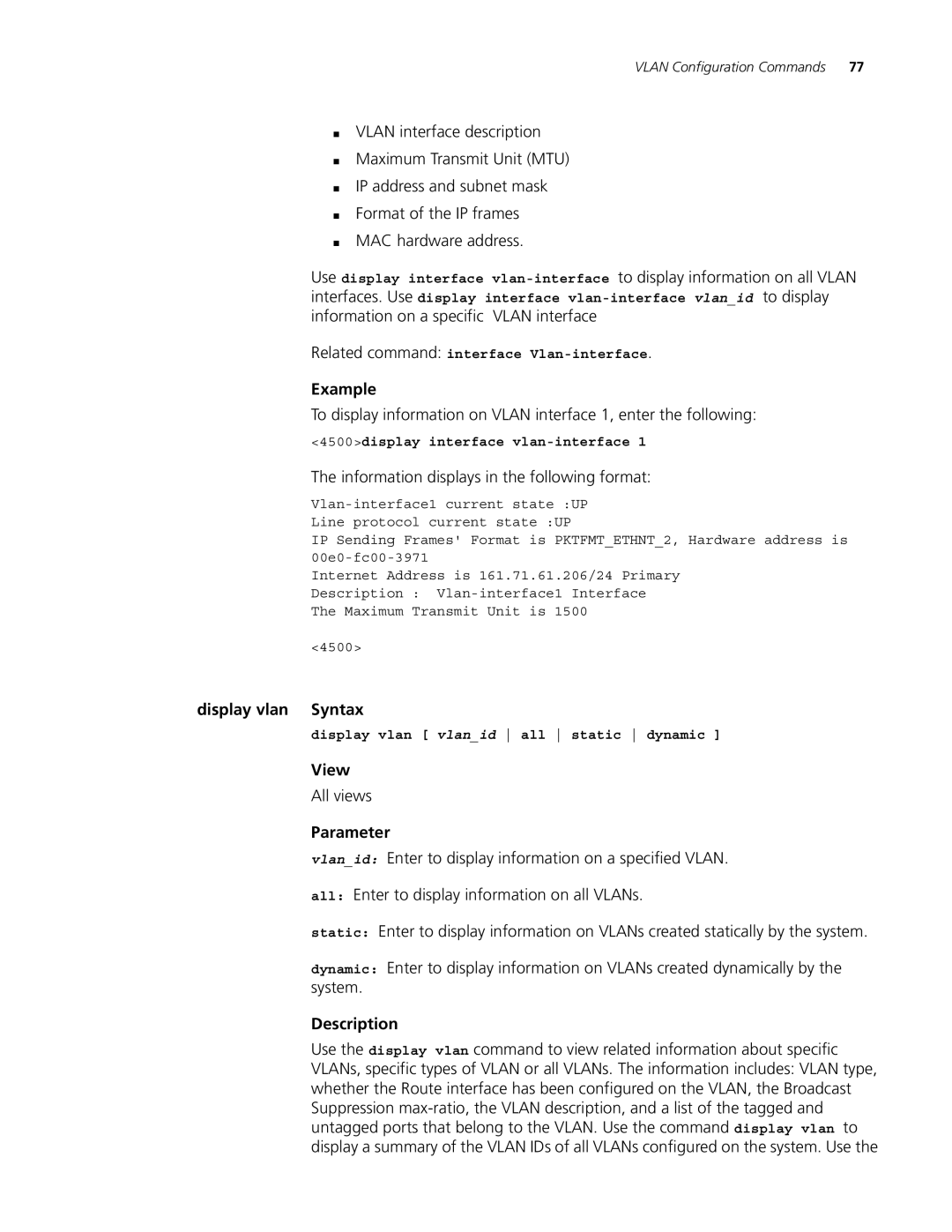 3Com 4500 26-PORT Display vlan Syntax, Related command interface Vlan-interface, 4500display interface vlan-interface 