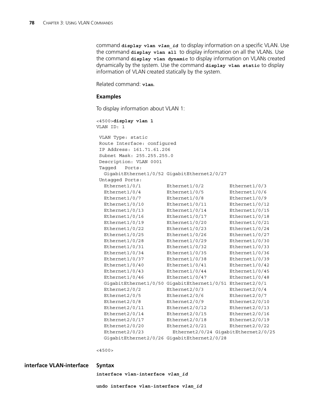 3Com 4500 PWR 50-PORT, 4500 PWR 26-PORT manual Examples, To display information about Vlan, Interface VLAN-interface Syntax 