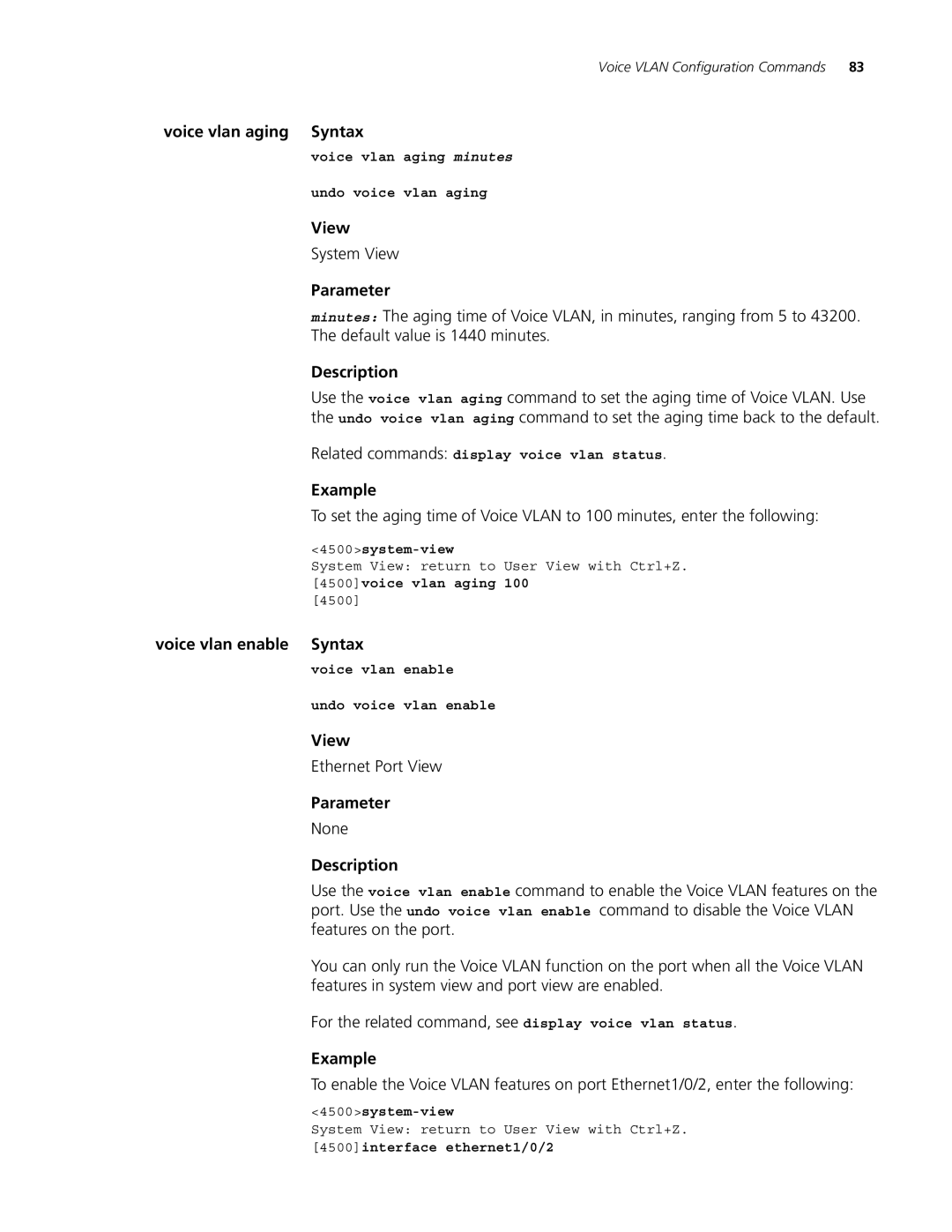 3Com 4500 PWR 26-PORT, 4500 PWR 50-PORT, 4500 50-PORT, 4500 26-PORT manual Voice vlan aging Syntax, Voice vlan enable Syntax 