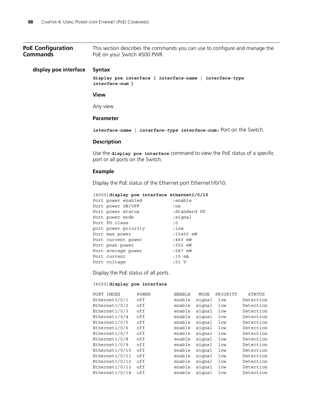 3Com 4500 50-PORT PoE on your Switch 4500 PWR, Display poe interface Syntax, Any view, Port or all ports on the Switch 