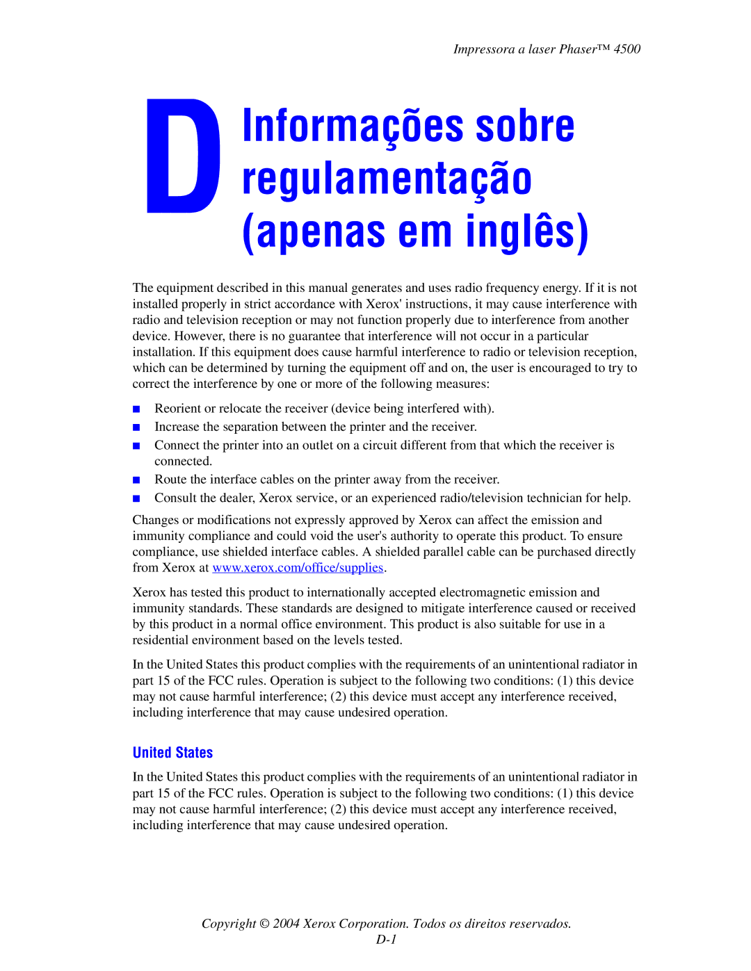 3Com 4500 manual Informações sobre regulamentação apenas em inglês, United States 