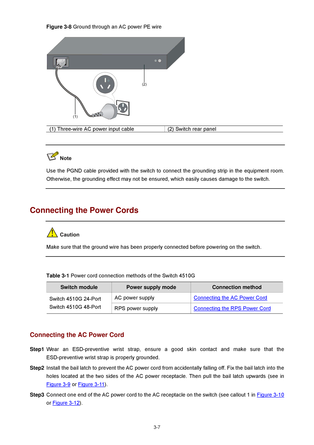 3Com 4510G Connecting the Power Cords, Connecting the AC Power Cord, Switch module Power supply mode Connection method 