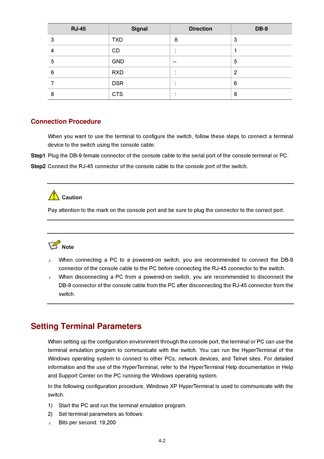 3Com 4510G manual Setting Terminal Parameters, Connection Procedure 