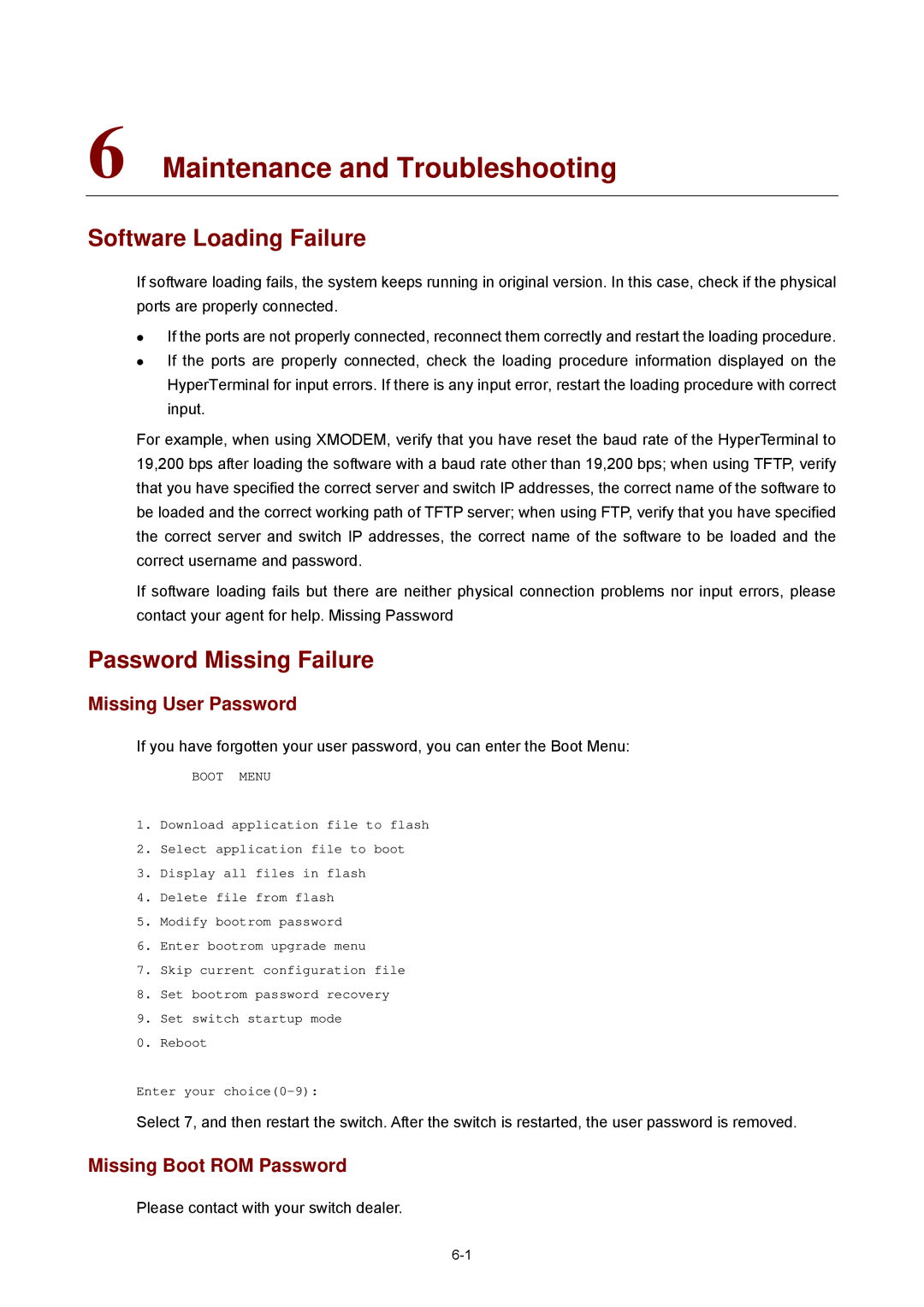 3Com 4510G manual Software Loading Failure, Password Missing Failure, Missing User Password, Missing Boot ROM Password 