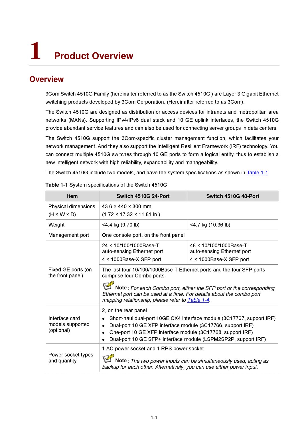 3Com manual Overview, Switch 4510G 24-Port Switch 4510G 48-Port 