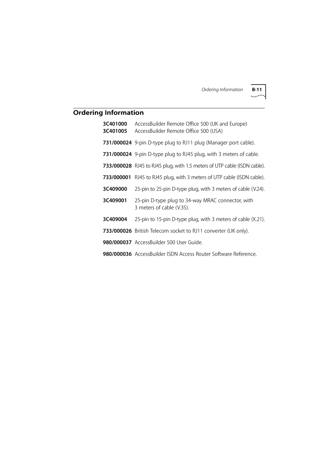 3Com 500 manual Ordering Information 