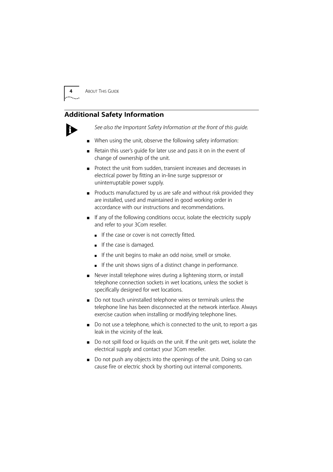 3Com 500 manual Additional Safety Information 