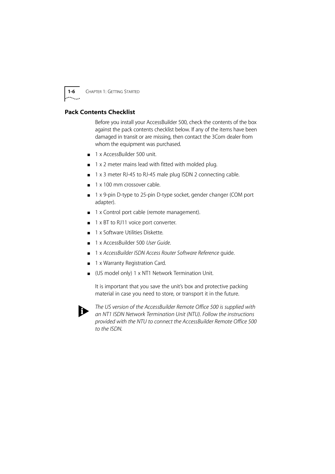 3Com 500 manual Pack Contents Checklist 