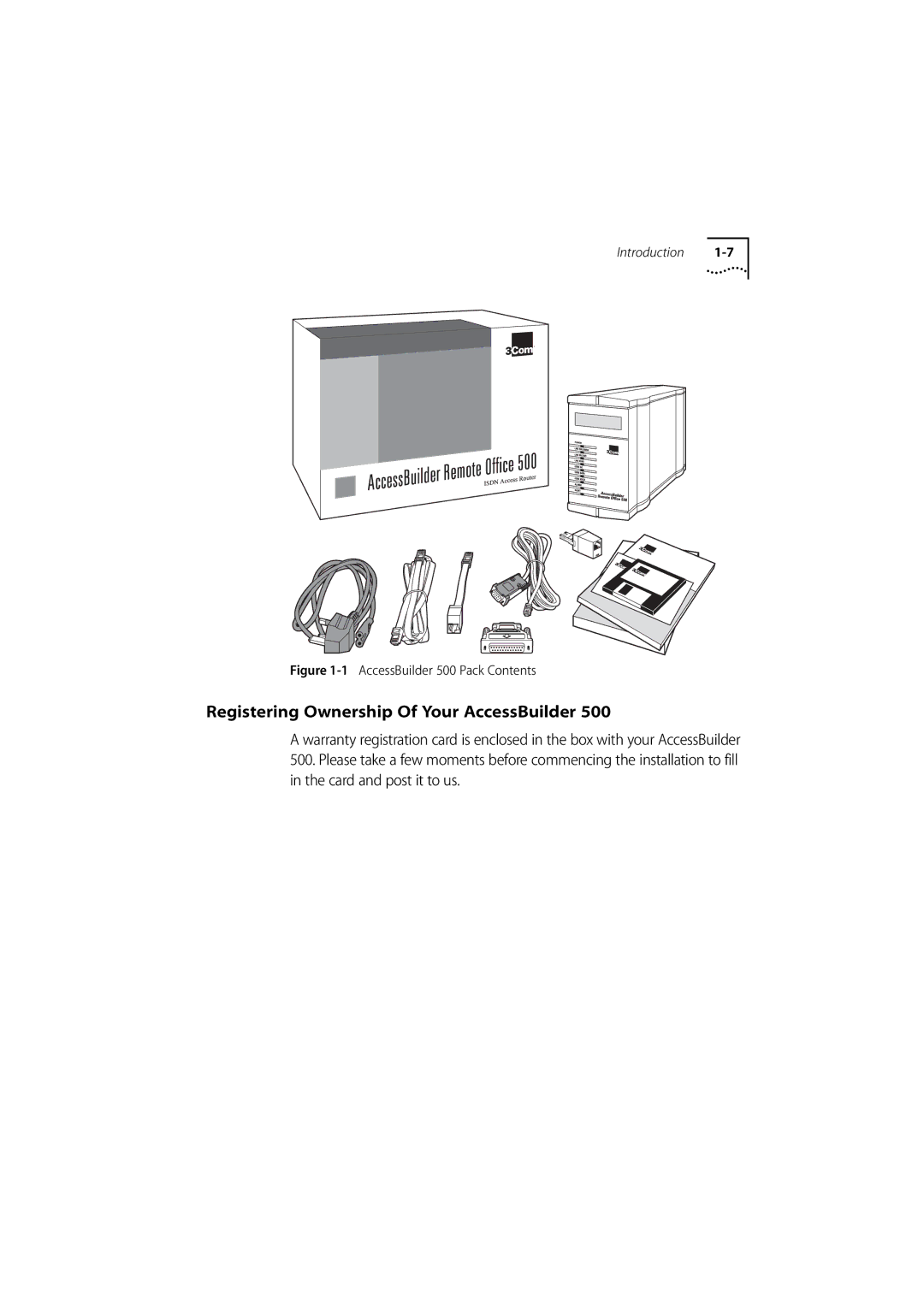 3Com manual Registering Ownership Of Your AccessBuilder, AccessBuilder 500 Pack Contents 